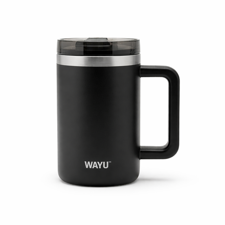 Mug termico Wayu 650mL negro mate acero inoxidable vista frontal fondo blanco