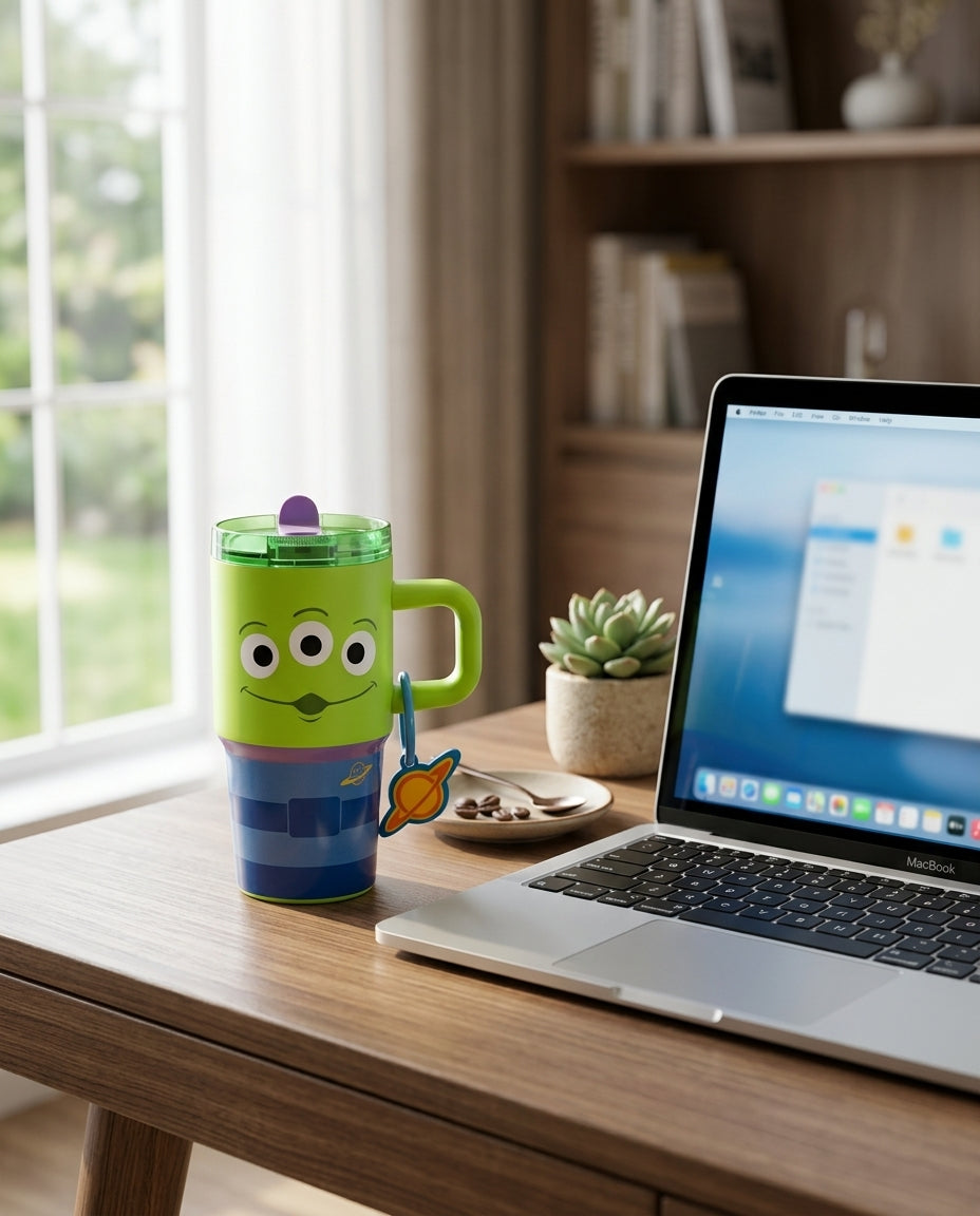 Niño chileno usando mug verde Alien Toy Story en casa