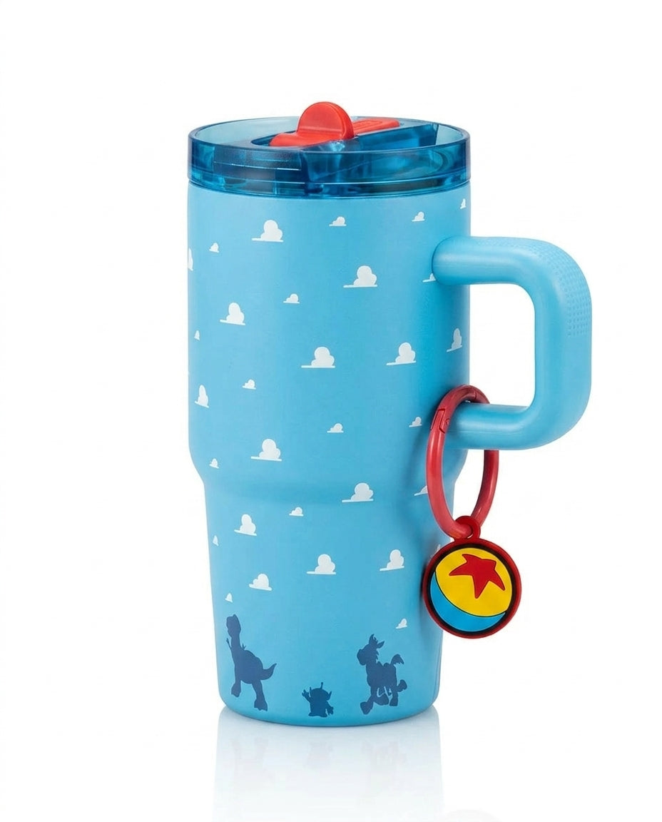 Mug térmico Toy Story 20oz celeste con diseño de nubes fondo blanco vista frontal