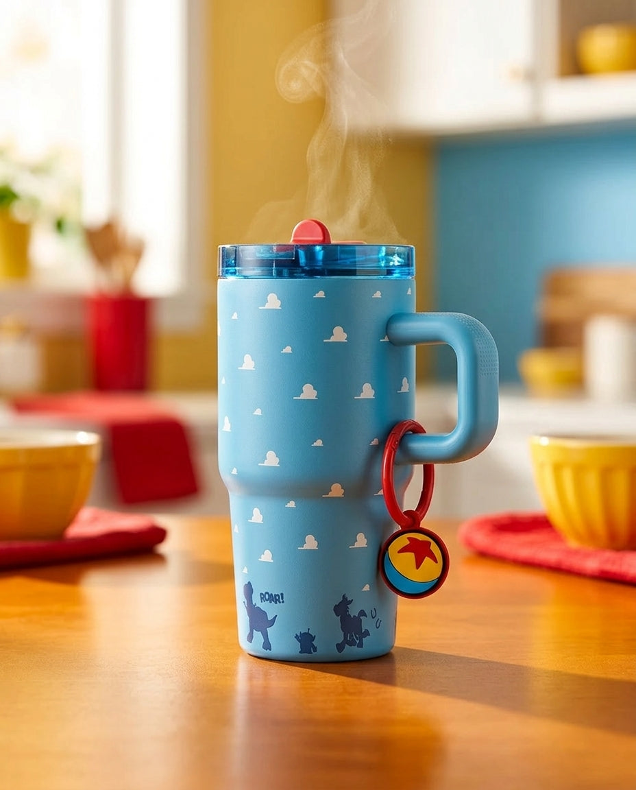 Vaso térmico Toy Story 850ml en mesa de asado chileno al aire libre