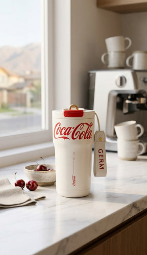 Tumbler térmico Coca Cola GERM en quincho asado chileno mesa madera