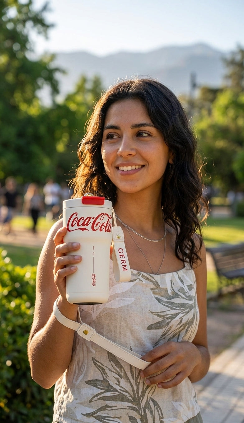 Mujer sosteniendo tumbler Coca Cola GERM 700ml parque Santiago Chile
