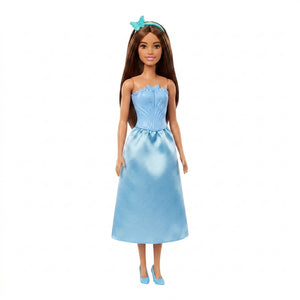 Muñeca Barbie Doncella Sorpresa vestido azul pelo castaño vista frontal
