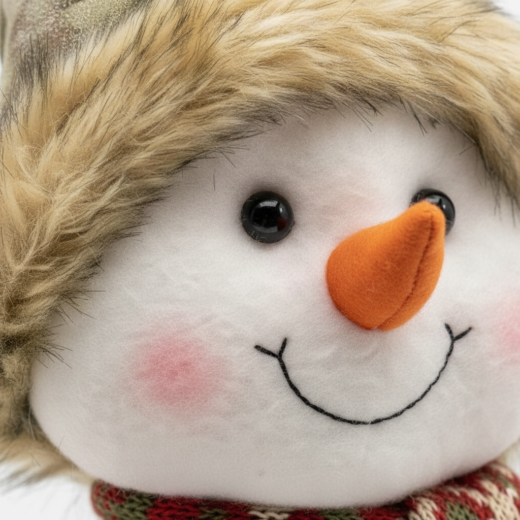 Detalle textura felpa suave muñeco nieve navidad nariz zanahoria sonrisa bordada
