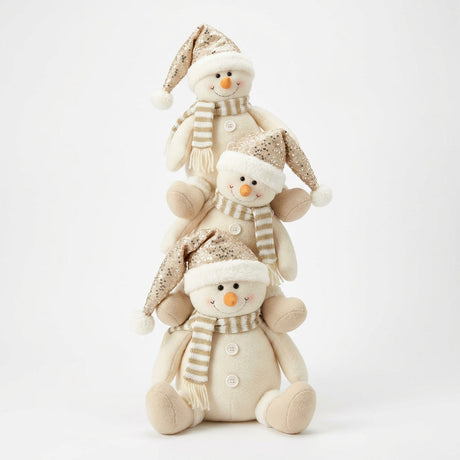 Torre 3 muñecos de nieve peluche dorado 60cm fondo blanco vista frontal