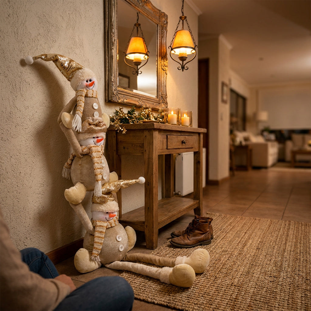 Decoración navidad muñecos nieve apilados entrada hogar chileno consola madera