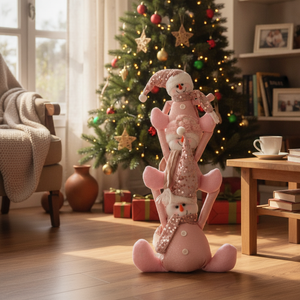 Torre muñecos de nieve peluche rosa junto a árbol de Navidad hogar chileno