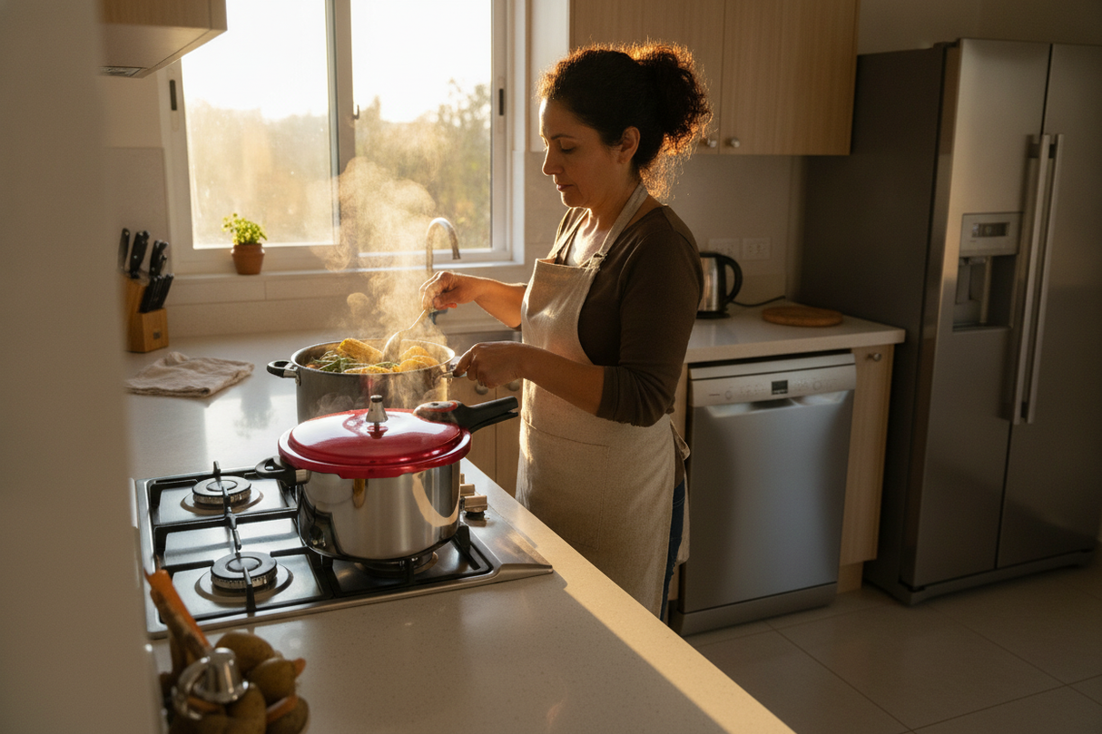 Olla presión Keep roja sobre mesa cocina chilena cazuela vapor
