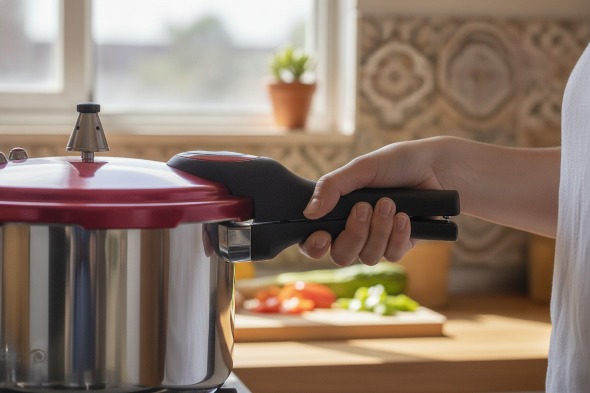 Olla presión aluminio roja cocina hogar chileno uso cotidiano