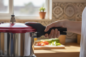 Olla presión aluminio roja cocina hogar chileno uso cotidiano
