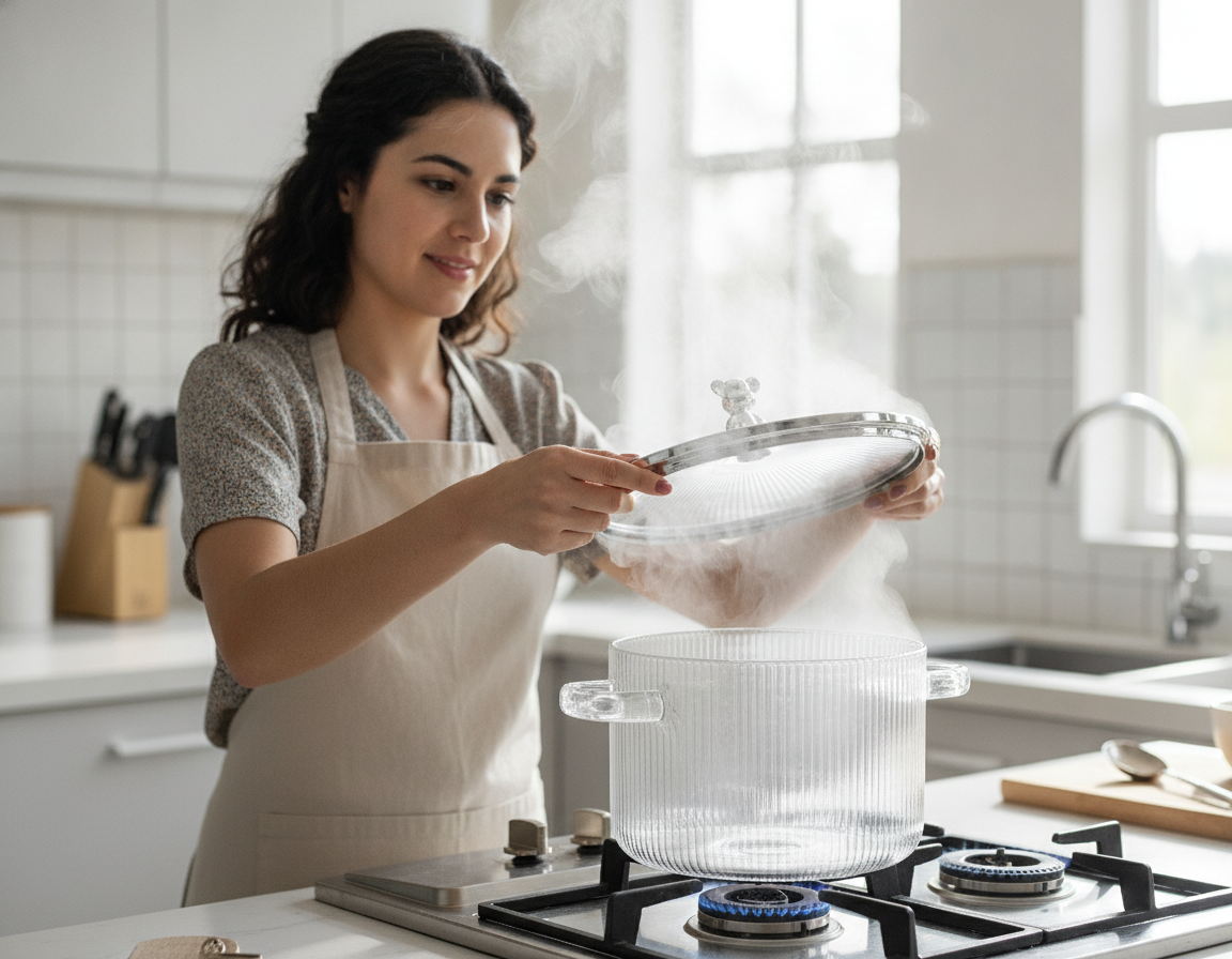 Olla de vidrio acanalada con tapa osito en cocina chilena moderna