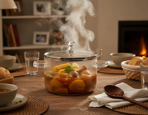 Mujer destapando olla vidrio borosilicato transparente en cocina