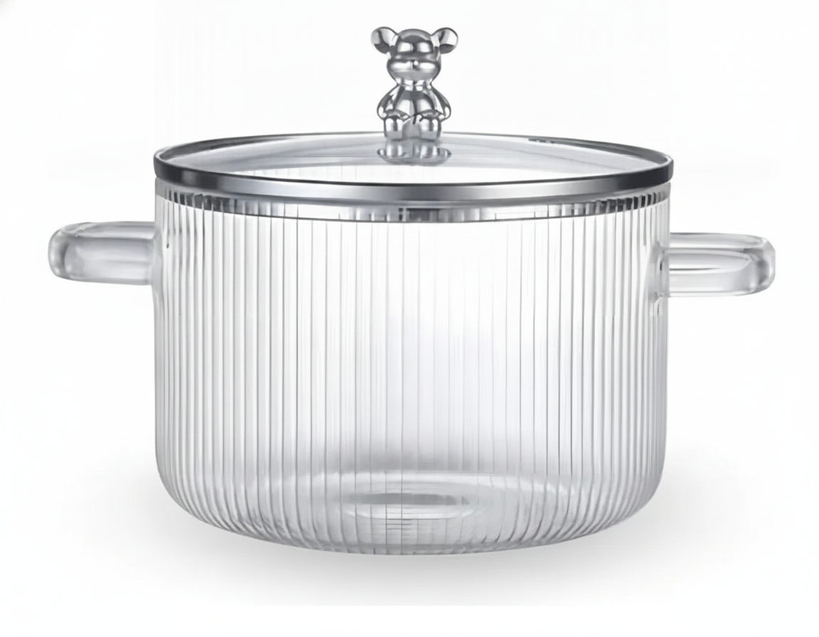 Olla vidrio borosilicato 2.5L tapa osito borde ambar fondo blanco vista frontal