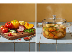 Mujer chilena cocinando estofado olla vidrio borosilicato cocina moderna