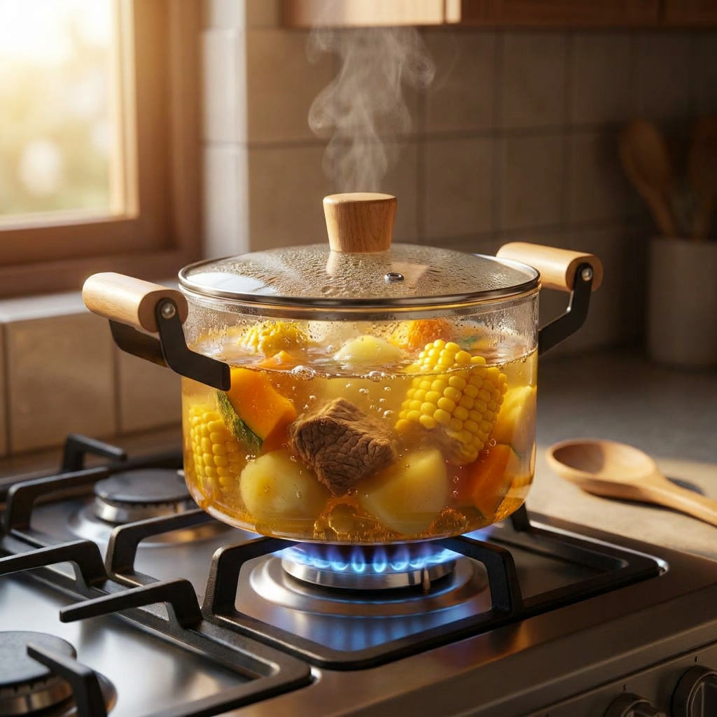 Olla vidrio transparente cocinando maíz caldo cocina hogar chileno