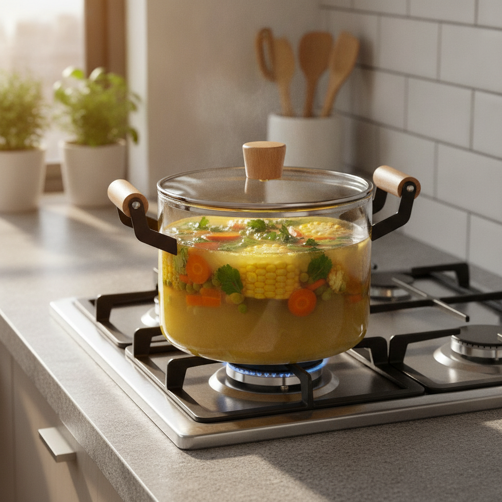 Olla vidrio transparente cocinando maíz caldo cocina hogar chileno