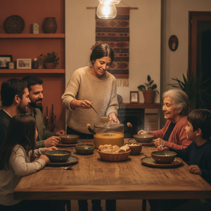Olla vidrio borosilicato sirviendo sopa familia mesa chilena