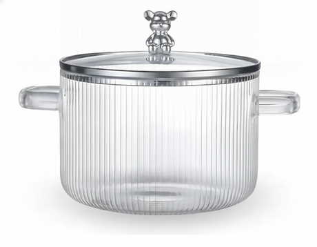 Olla vidrio borosilicato 4.5L tapa osito dorado fondo blanco vista frontal