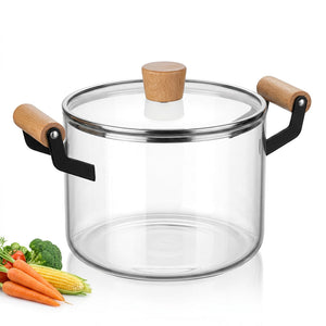 Olla vidrio borosilicato 4.5 litros transparente con tapa y mangos madera vista frontal
