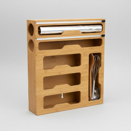 Organizador bambú cocina papel aluminio film bolsas vista frontal blanco