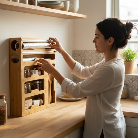 Organizador bambú cocina Fiestas Patrias papel aluminio especias mesón chileno