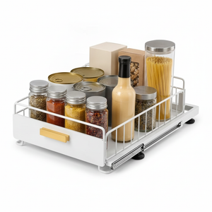 Organizador cocina extensible bajo mueble blanco con riel deslizante vista frontal