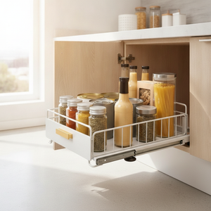Organizador extensible blanco instalado en gabinete cocina chilena moderno