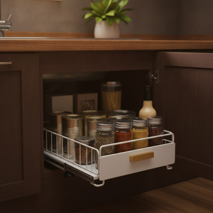 Organizador bajo mueble cocina blanco almacenando condimentos cocina hogar