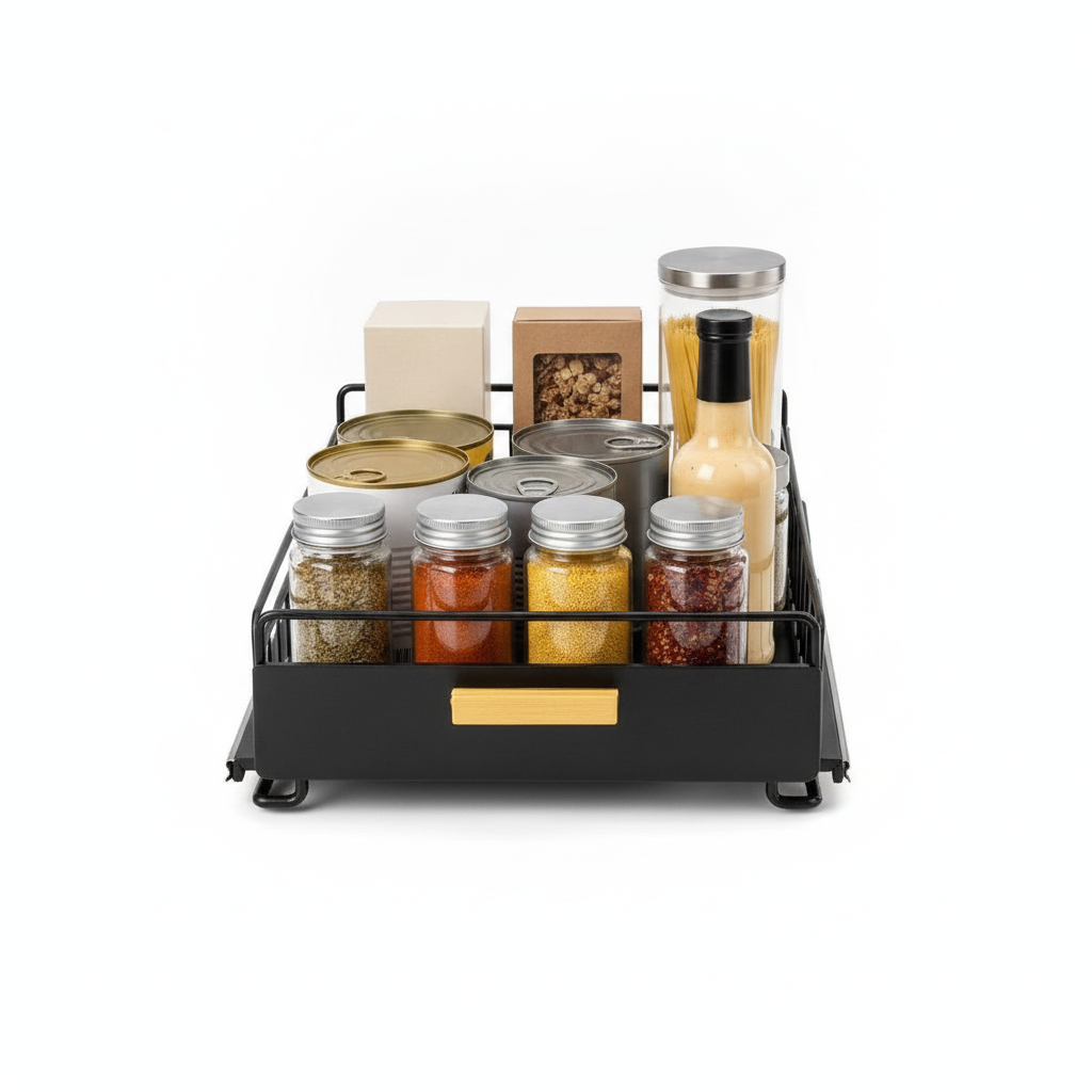 Organizador cocina extensible bajo mueble negro metal vista frontal