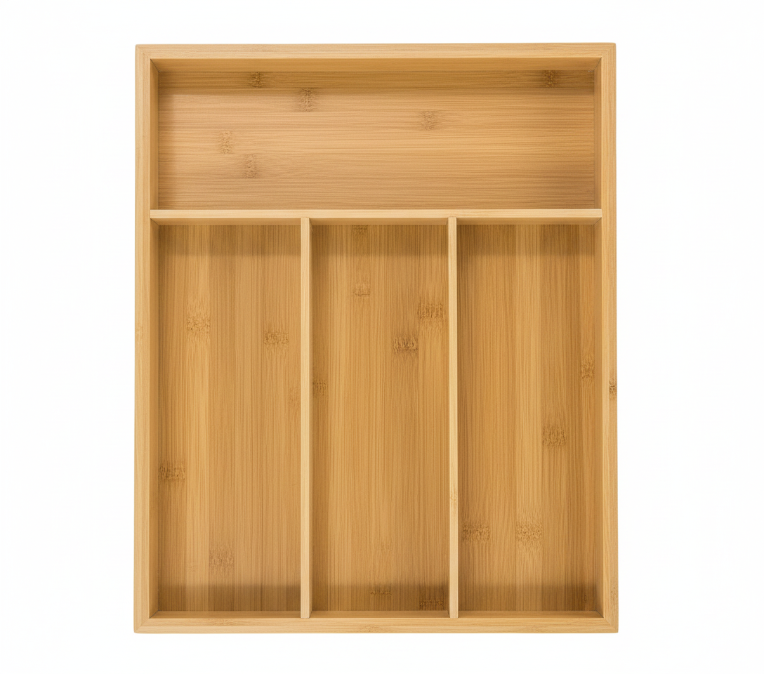 Organizador cubiertos bambú 4 divisiones cajón cocina vista frontal hero shot