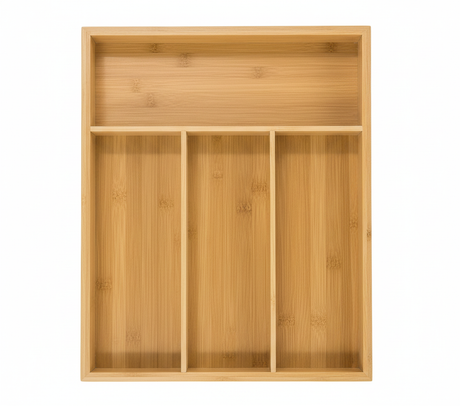 Organizador cubiertos bambú 4 divisiones cajón cocina vista frontal hero shot