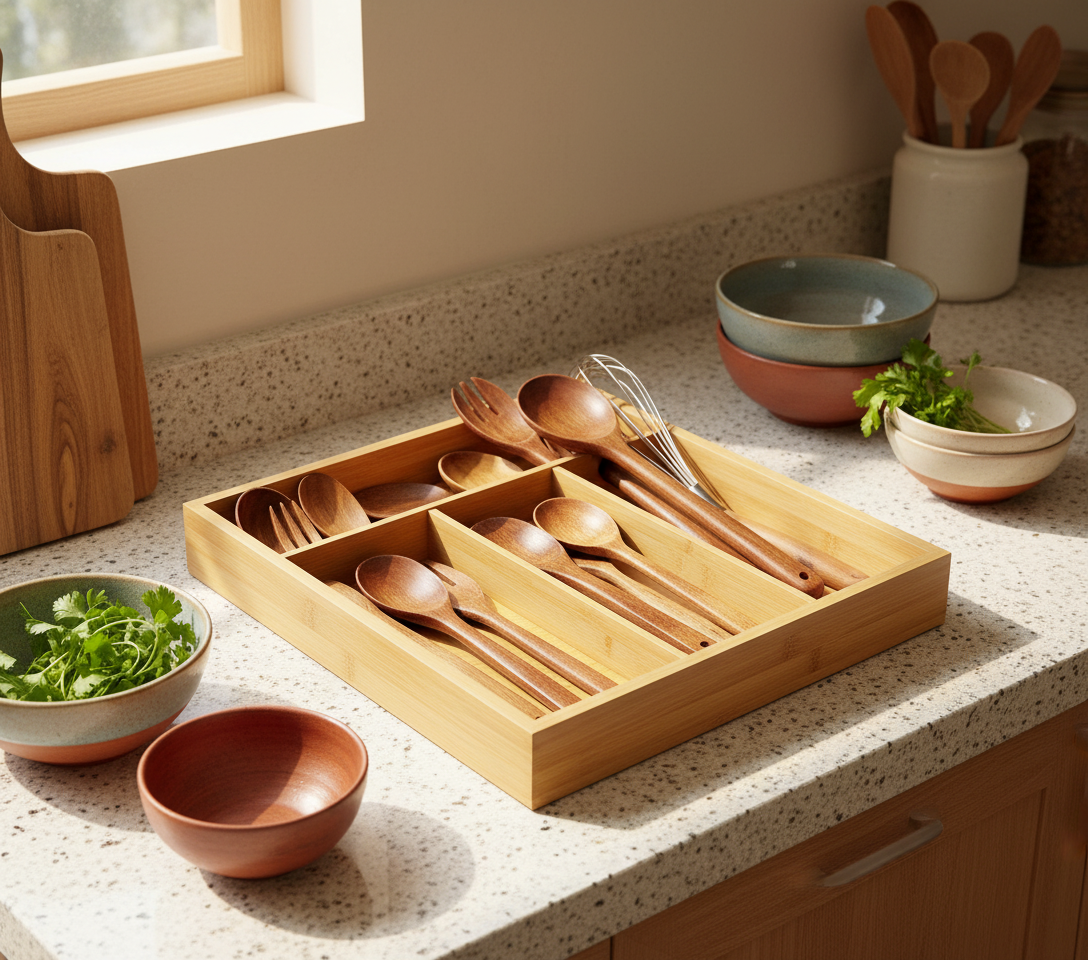 Organizador cubiertos cajón bambu cocina chilena con cubiertos ordenados lifestyle