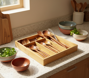Organizador cubiertos cajón bambu cocina chilena con cubiertos ordenados lifestyle