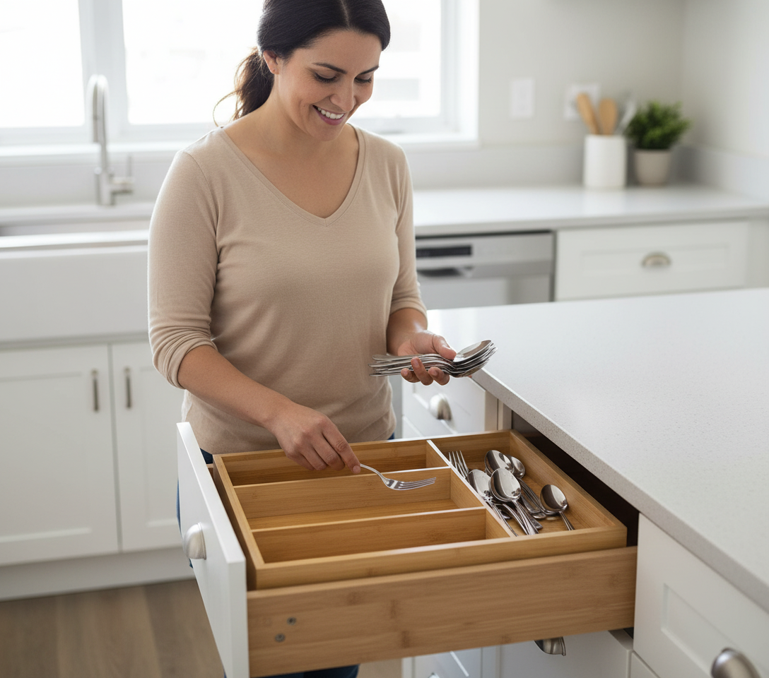 Cubiertero organizador bambú sobre mesón cocina moderna con utensilios de madera
