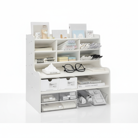 Organizador de escritorio blanco 6 niveles cajones estante vista frontal