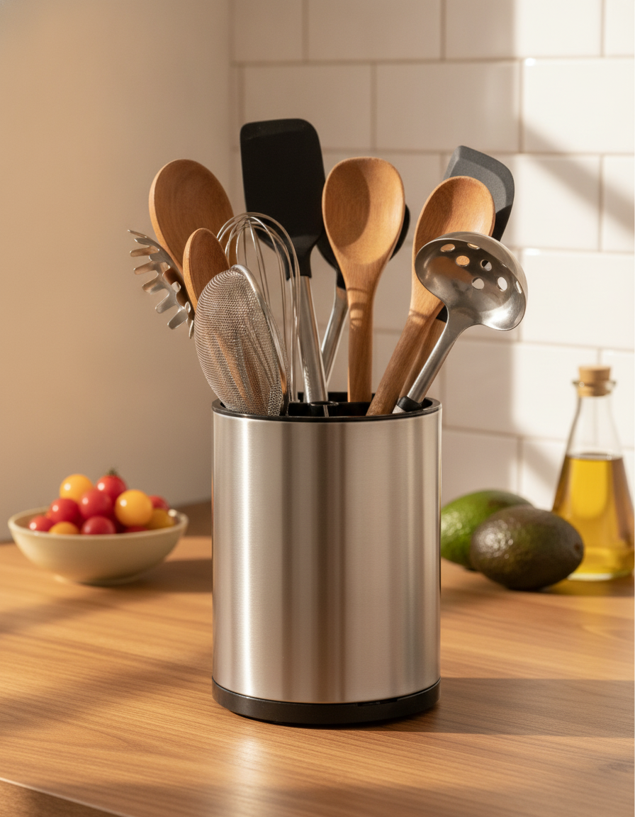 Porta cubiertos acero inoxidable mesón mármol cocina moderna minimalista