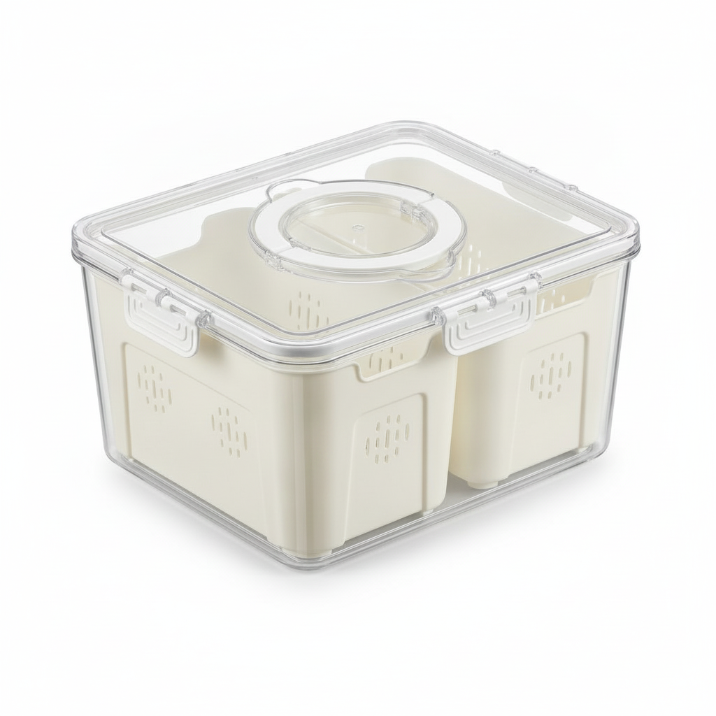 Organizador refrigerador 3 canastos drenaje tapa transparente vista frontal