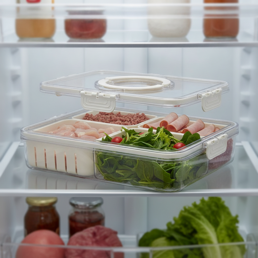 Contenedor organizador alimentos refrigerador 4 compartimentos carne verdura vista interior