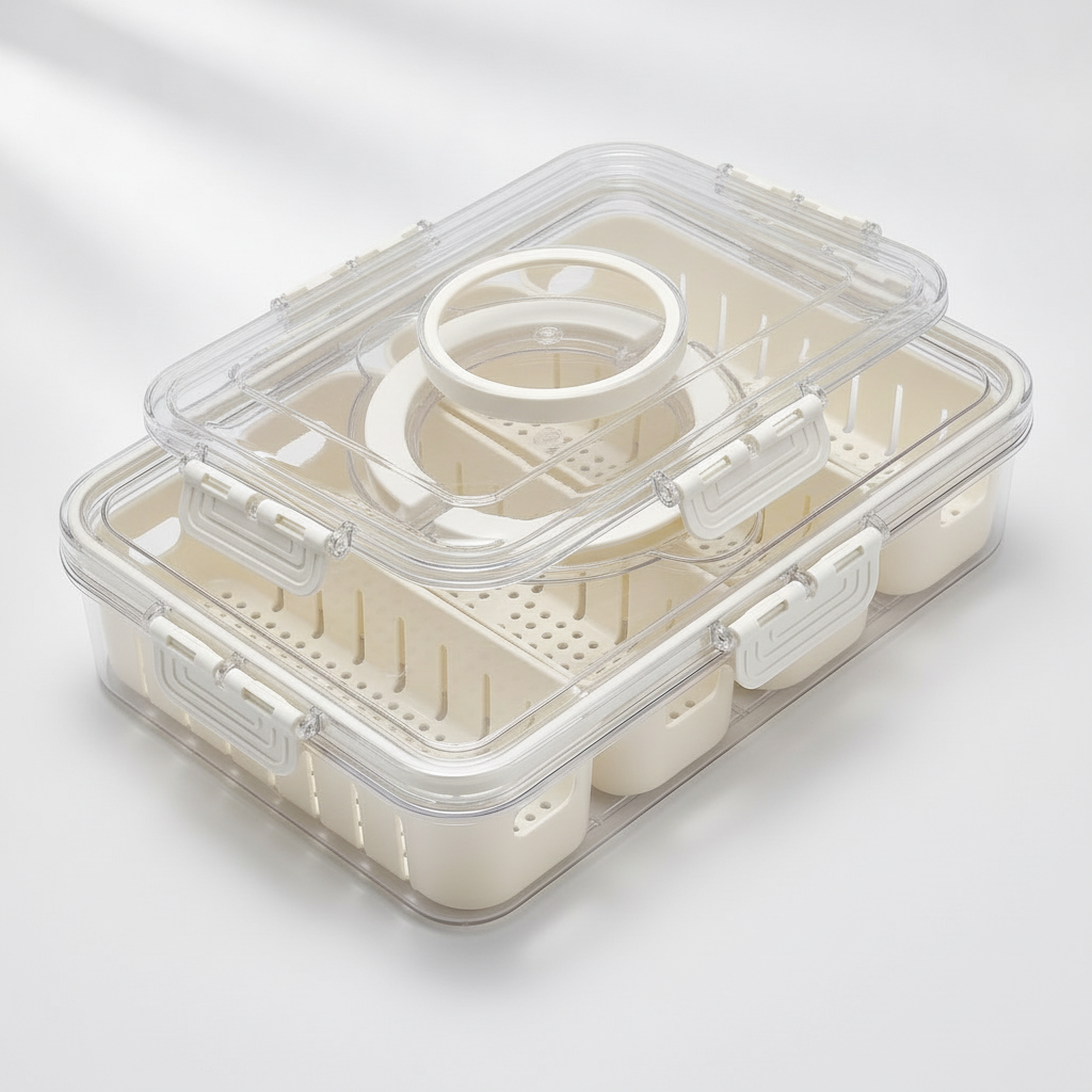Organizador refrigerador tapa asa plegable broches angulo 45 grados lateral