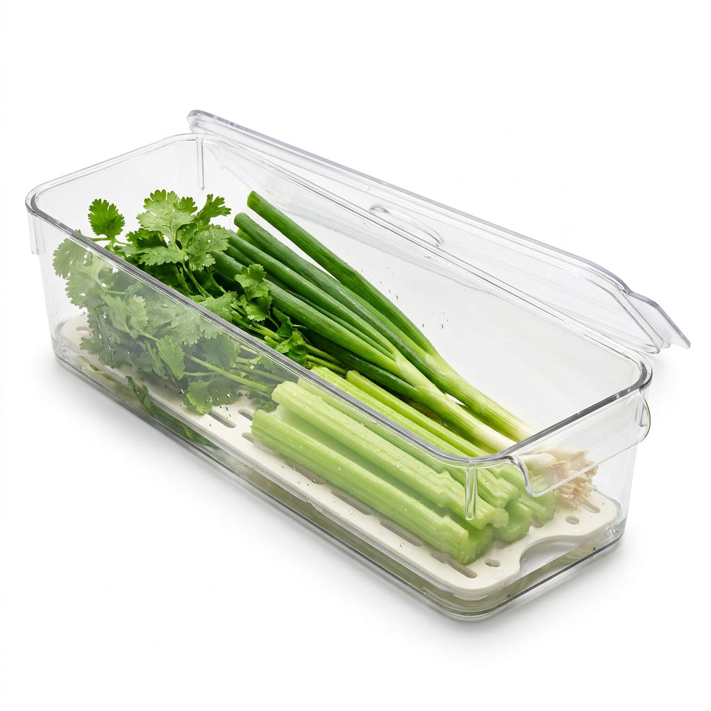 Cilantro y cebollín frescos dentro organizador refrigerador con rejilla drenaje