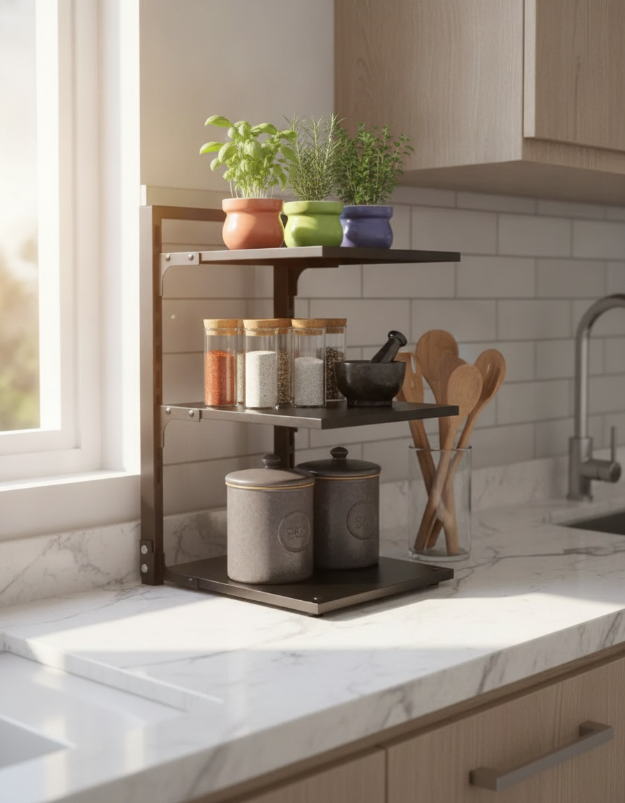 Estante organizador 3 niveles negro sobre encimera cocina moderna hogar chileno