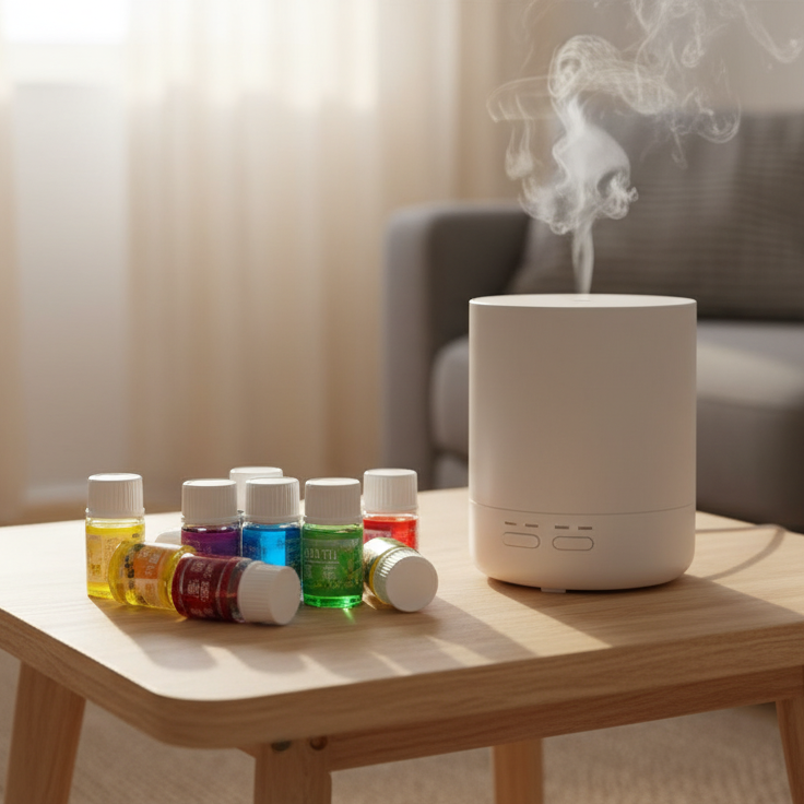 Aceites esenciales aromáticos sobre mesa living hogar chileno difusor ultrasonico