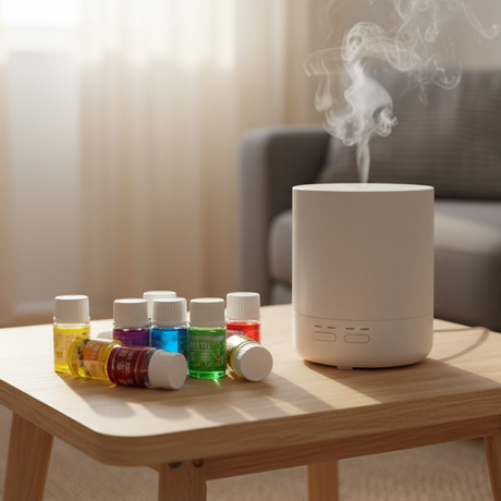 Aceites esenciales aromáticos sobre mesa living hogar chileno difusor ultrasonico