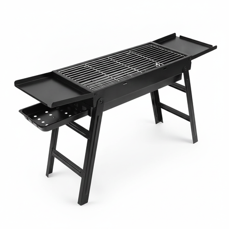 Parrilla portátil plegable carbón 89cm acero negro vista frontal producto