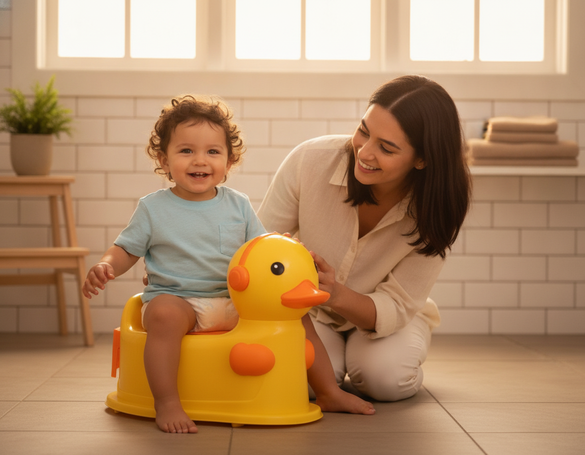 Bacinica infantil patito en baño familiar chileno luz natural