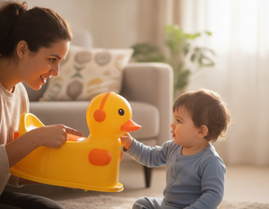 Niño aprendiendo a usar pelela patito amarilla en hogar chileno