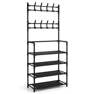 Perchero zapatero organizador 5 niveles 8 ganchos negro vista frontal fondo blanco