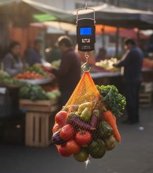 Pesa romana portátil pesando verduras bolsa feria libre Chile