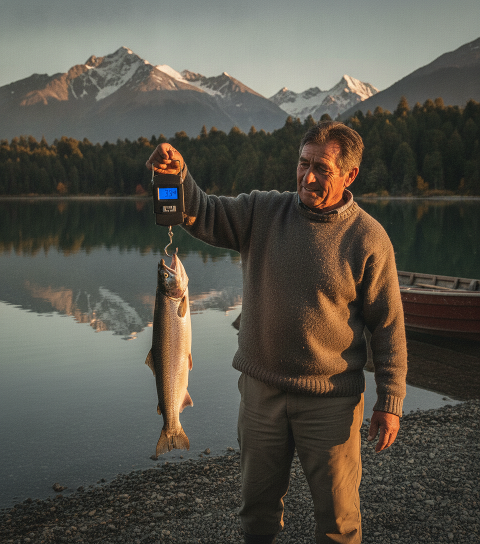 Báscula digital gancho pesca captura lago sur de Chile uso exterior
