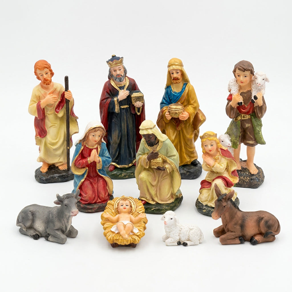 Pesebre navideño 11 figuras resina pintada mano 15cm nacimiento completo vista frontal